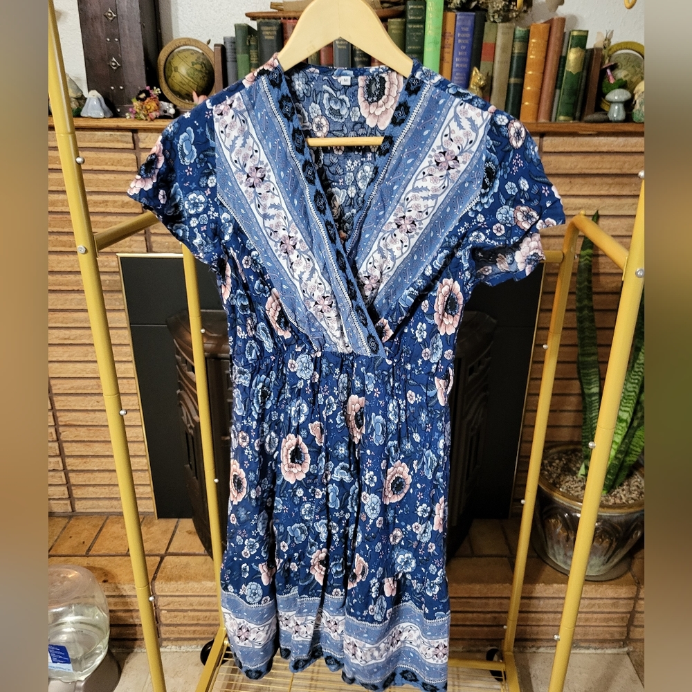 Blue floral print boho dress